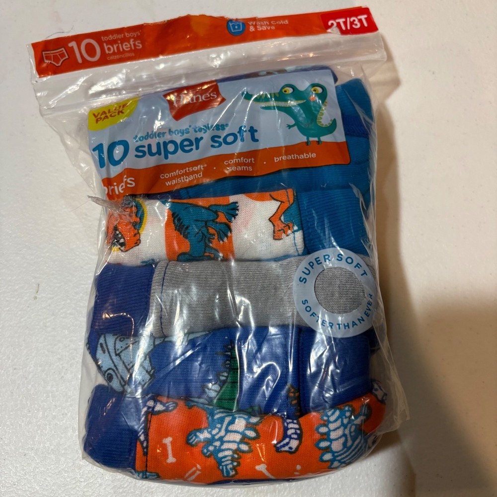 Hanes Toddler Boys 10 Pack Super Soft Tagless Briefs Size 2T/3T Dinosaur BTTW10
